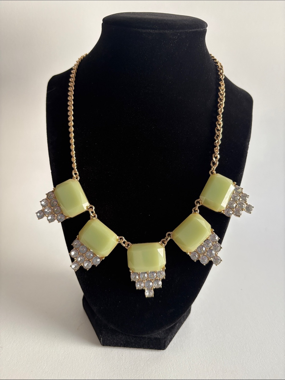 Gold Chain Necklace Pale Lime Green Crystal Statement Women